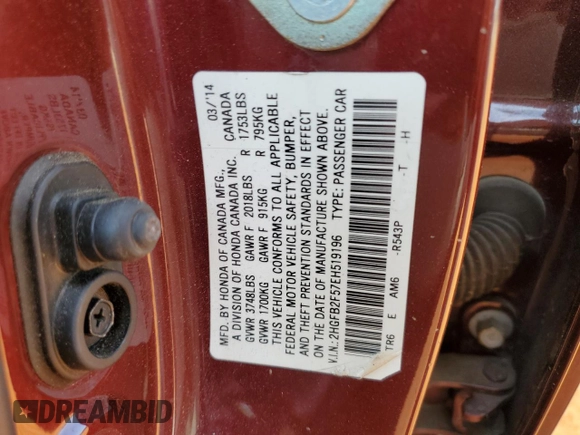2014 Honda Civic LX with VIN 2HGFB2F57EH519196, listed as a Copart auction lot 53933895 with 297,351 mi miles and Salvage Title. Bid and sale history available at DreamBid. Image 12.