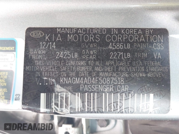 2015 Kia Optima with VIN KNAGM4AD4F5087518, listed as a IAAI auction lot 42243723 with 188,587 mi miles and . Bid and sale history available at DreamBid. Image 9.