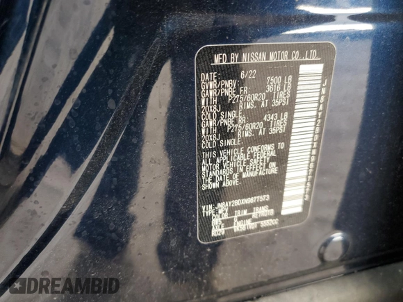2022 Nissan Armada SL with VIN JN8AY2BDXN9677573, listed as a Copart auction lot 85111554 with 42,637 mi miles and Salvage Title. Bid and sale history available at carsss.com. Image 13.