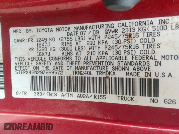 2009 Toyota Tacoma with VIN 5TEPX42N29Z669572, listed as a IAAI auction lot 41954697 with 146,908 mi miles. Bid and sale history available at carsss.com. Image 9.