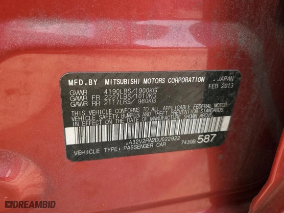 2013 Mitsubishi Lancer SE with VIN JA32V2FW2DU022922, listed as a Copart auction lot 52535815 with 147,865 mi miles and Salvage Title. Bid and sale history available at carsss.com. Image 13.