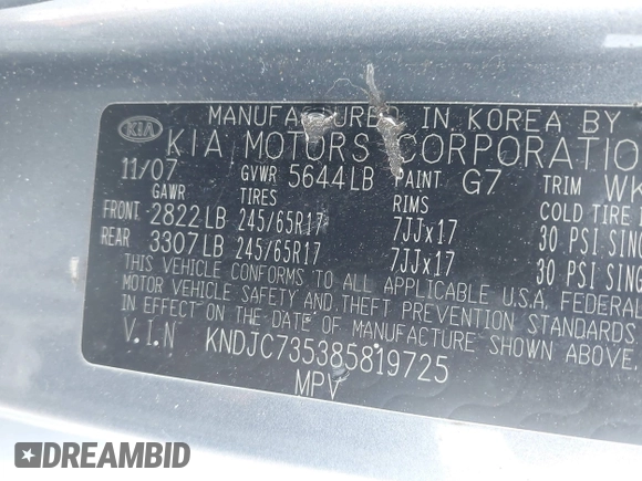 2008 Kia Sorento LX z VIN KNDJC735385819725, wystawiony jako IAAI lot #42487480 z przebiegiem 107 284 mil mil oraz . Historia ofert i sprzedaży dostępna na DreamBid. Obrazek 9.