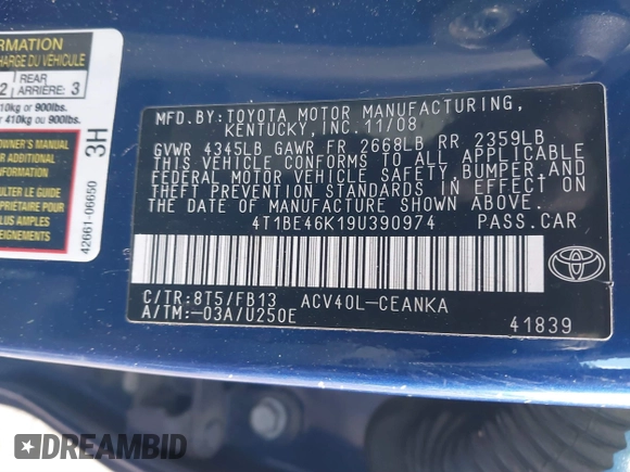 2009 Toyota Camry with VIN 4T1BE46K19U390974, listed as a IAAI auction lot 41591154 with 193,104 mi miles and . Bid and sale history available at DreamBid. Image 9.