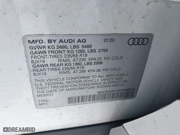 2023 Audi Q5 S line Premium Plus with VIN WA1EAAFY9P2088576, listed as a IAAI auction lot 41642571 with 20,581 mi miles. Bid and sale history available at carsss.com. Image 9.
