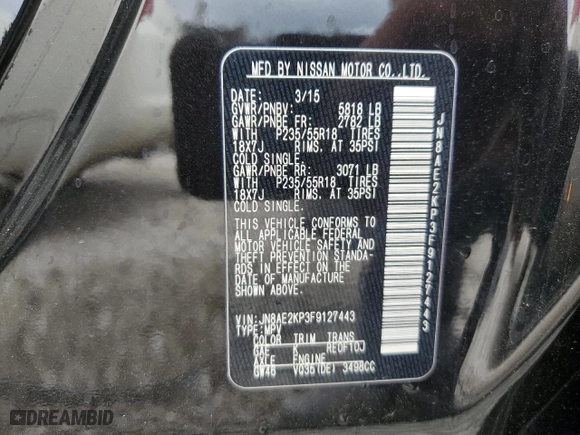 2015 Nissan Quest S with VIN JN8AE2KP3F9127443, listed as a Copart auction lot 45927644 with 93,174 mi miles. Bid and sale history available at carsss.com. Image 14.