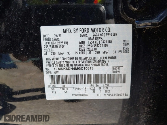 2021 Ford Explorer XLT with VIN 1FMSK8DH4MGC10613, listed as a IAAI auction lot 41932950 with 1,111 mi miles. Bid and sale history available at carsss.com. Image 9.