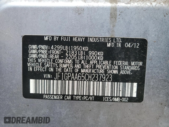 2012 Subaru Impreza 2.0i с VIN JF1GPAA65CH237923, выставлен на аукционе Copart как лот 54604185 с пробегом 111 868 миль миль и Списание • Salvage title. История ставок и продаж доступна на DreamBid. Изображение 12.