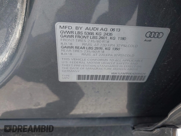 2014 Audi Q5 Premium Plus with VIN WA1LFAFP0EA008424, listed as a IAAI auction lot 42489824 with 115,967 mi miles and . Bid and sale history available at DreamBid. Image 9.