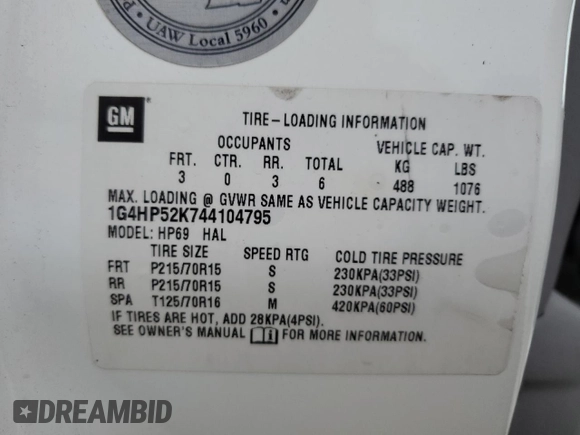 2004 Buick LeSabre Custom with VIN 1G4HP52K744104795, listed as a Copart auction lot 53788055 with 274,446 mi miles and Salvage Title. Bid and sale history available at DreamBid. Image 12.