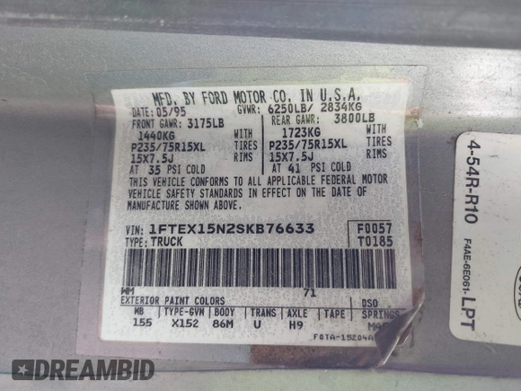1995 Ford F-150 with VIN 1FTEX15N2SKB76633, listed as a IAAI auction lot 42372554 with 219,161 mi miles and . Bid and sale history available at DreamBid. Image 9.