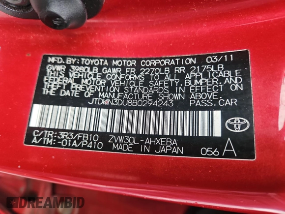2011 Toyota Prius I with VIN JTDKN3DU8B0294243, listed as a Copart auction lot 56289635 with 223,997 mi miles and Clean Title. Bid and sale history available at DreamBid. Image 10.