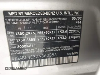 2002 Mercedes-Benz M-Class with VIN 4JGAB54E32A360356, listed as a IAAI auction lot 40540769 with 235,810 mi miles. Bid and sale history available at carsss.com. Image 9.