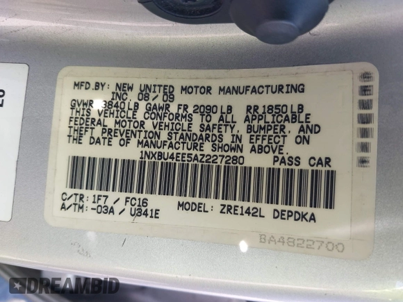 2010 Toyota Corolla with VIN 1NXBU4EE5AZ227280, listed as a IAAI auction lot 42640906 with 212,194 mi miles and . Bid and sale history available at DreamBid. Image 9.