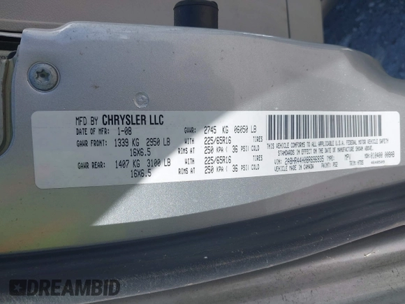 2008 Chrysler Town & Country LX with VIN 2A8HR44H08R696935, listed as a IAAI auction lot 41679669 with 92,276 mi miles. Bid and sale history available at carsss.com. Image 9.