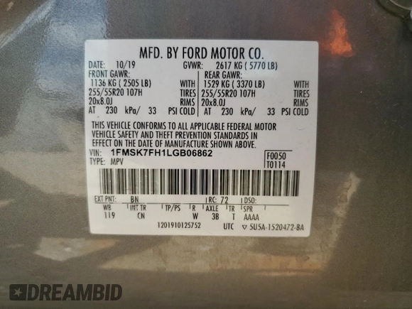 2020 Ford Explorer Limited z VIN 1FMSK7FH1LGB06862, wystawiony jako Copart lot #56930605 z przebiegiem 120 188 mil mil oraz Szkoda całkowita • Salvage title. Historia ofert i sprzedaży dostępna na DreamBid. Obrazek 13.