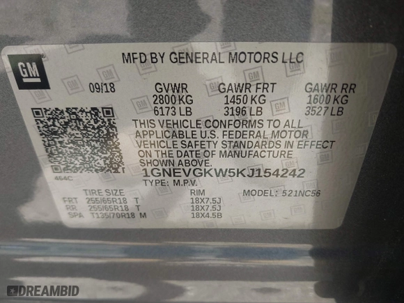 2019 Chevrolet Traverse LT Cloth with VIN 1GNEVGKW5KJ154242, listed as a IAAI auction lot 39713013 with 60,444 mi miles. Bid and sale history available at carsss.com. Image 9.