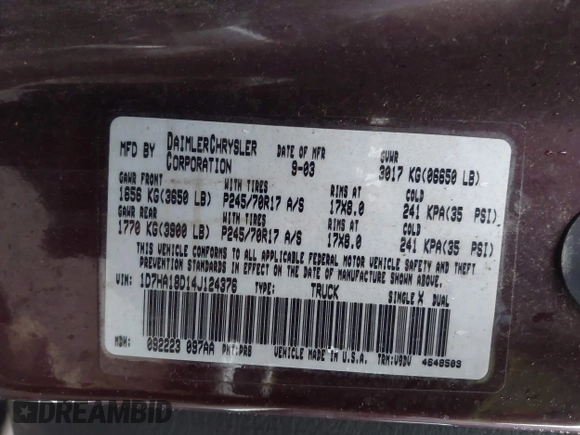 2004 Dodge 1500 SLT with VIN 1D7HA18D14J124376, listed as a IAAI auction lot 41772597 with 217,421 mi miles and . Bid and sale history available at DreamBid. Image 9.