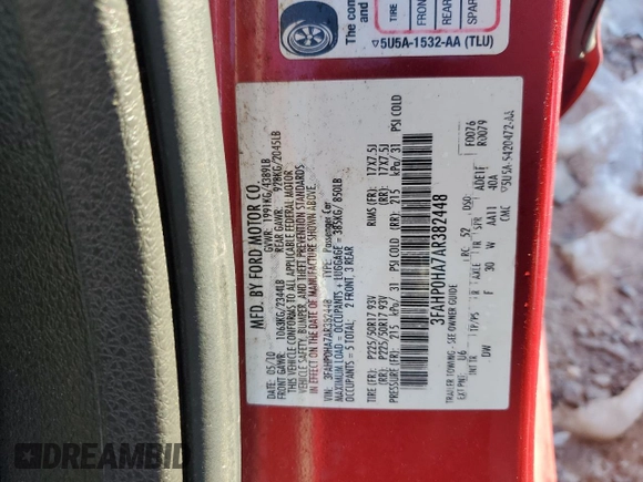2010 Ford Fusion SE with VIN 3FAHP0HA7AR382448, listed as a Copart auction lot 87629985 with 0 mi miles and Salvage Title. Bid and sale history available at carsss.com. Image 14.