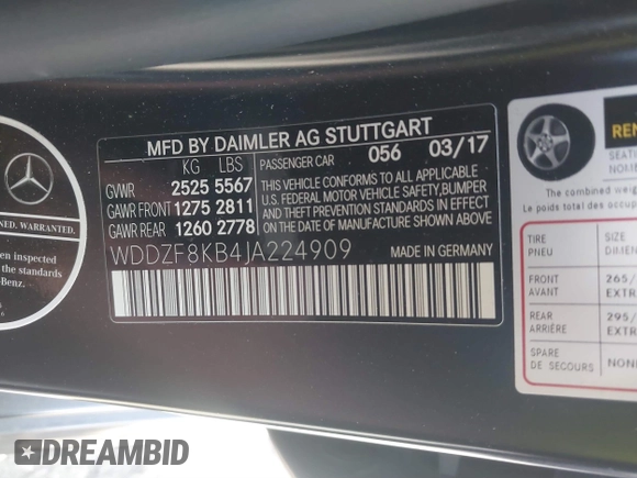 2018 Mercedes-Benz E 63 S AMG with VIN WDDZF8KB4JA224909, listed as a IAAI auction lot 41652066 with 56,712 mi miles and . Bid and sale history available at DreamBid. Image 9.