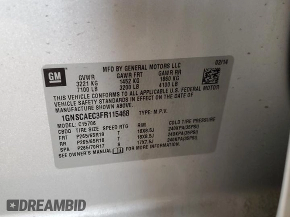 2015 Chevrolet Tahoe LS with VIN 1GNSCAEC3FR115468, listed as a Copart auction lot 47377615 with 145,897 mi miles and Salvage title. Bid and sale history available at DreamBid. Image 15.