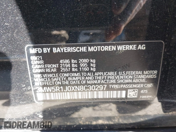 2022 BMW 3 Series 330i z VIN 3MW5R1J0XN8C30297, wystawiony jako IAAI lot #41881552 z przebiegiem 42 005 mil mil oraz . Historia ofert i sprzedaży dostępna na DreamBid. Obrazek 9.