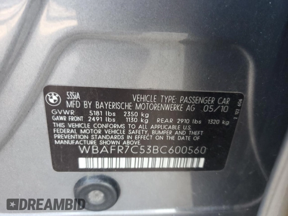 2011 BMW 5 Series 535i with VIN WBAFR7C53BC600560, listed as a Copart auction lot 52389725 with 149,160 mi miles and Salvage Title. Bid and sale history available at carsss.com. Image 13.