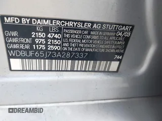 2003 Mercedes-Benz E 320 with VIN WDBUF65J73A287337, listed as a IAAI auction lot 42119803 with 169,238 mi miles and . Bid and sale history available at DreamBid. Image 9.