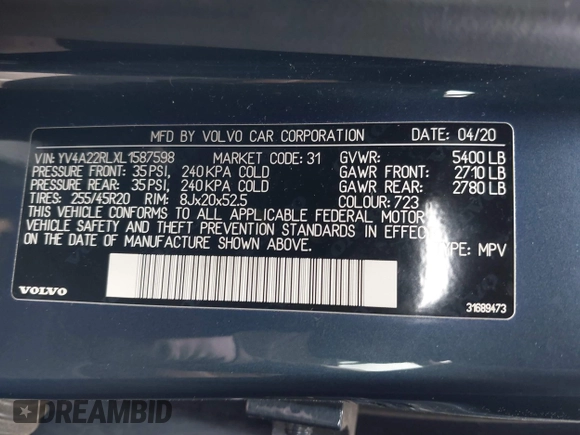 2020 Volvo XC60 Inscription with VIN YV4A22RLXL1587598, listed as a IAAI auction lot 42081511 with 54,008 mi miles and . Bid and sale history available at DreamBid. Image 9.