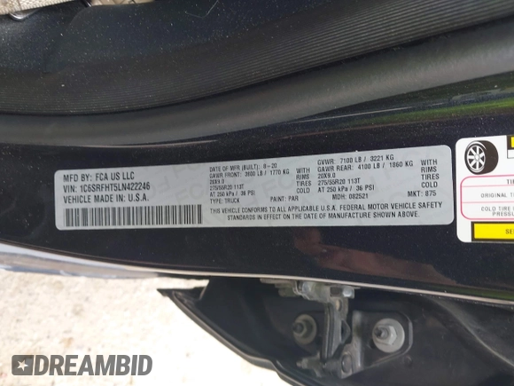 2020 Ram 1500 Limited with VIN 1C6SRFHT5LN422246, listed as a IAAI auction lot 41948083 with 82,032 mi miles and . Bid and sale history available at DreamBid. Image 9.