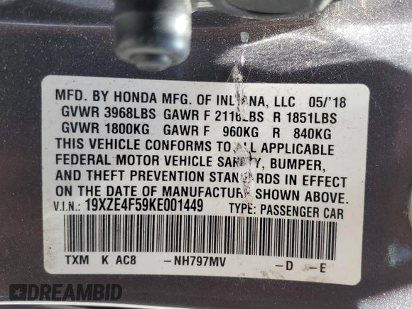 2019 Honda Insight EX with VIN 19XZE4F59KE001449, listed as a Copart auction lot 61997265 with 93,181 mi miles and Salvage title. Bid and sale history available at DreamBid. Image 12.