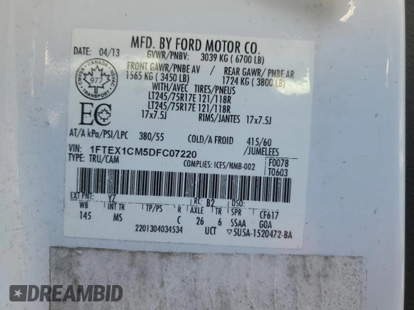 2013 Ford F-150 XL with VIN 1FTEX1CM5DFC07220, listed as a Copart auction lot 75816154 with Not Provided miles and Clean Title. Bid and sale history available at carsss.com. Image 12.