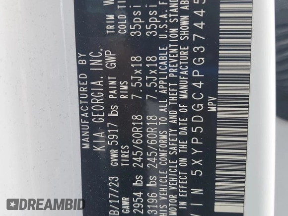 2023 Kia Telluride SX X-Pro z VIN 5XYP5DGC4PG374459, wystawiony jako Copart lot #53784405 z przebiegiem Nie podano mil oraz Szkoda całkowita • Salvage title. Historia ofert i sprzedaży dostępna na DreamBid. Obrazek 13.