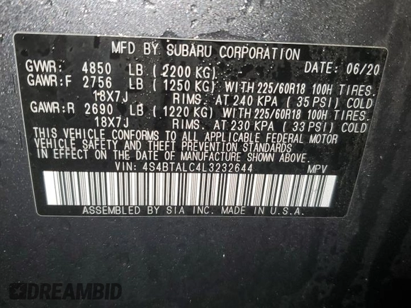 2020 Subaru Outback Limited with VIN 4S4BTALC4L3232644, listed as a Copart auction lot 56877585 with 44,118 mi miles and Salvage title. Bid and sale history available at DreamBid. Image 13.