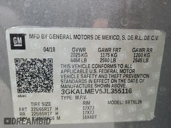2018 GMC Terrain SLE with VIN 3GKALMEV5JL355116, listed as a Copart auction lot 50918495 with 98,080 mi miles and Salvage Title. Bid and sale history available at carsss.com. Image 14.