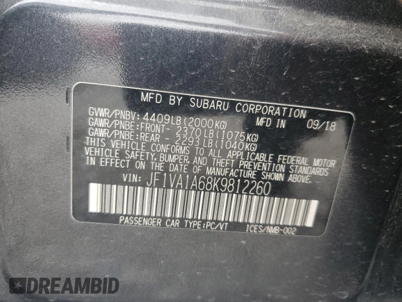 2019 Subaru WRX с VIN JF1VA1A68K9812260, выставлен на аукционе Copart как лот 66405704 с пробегом Не указан миль и Списание • Salvage title. История ставок и продаж доступна на DreamBid. Изображение 12.