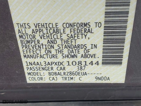 2013 Nissan Altima 2.5 SL with VIN 1N4AL3APXDC108144, listed as a IAAI auction lot 41910914 with 185,448 mi miles. Bid and sale history available at carsss.com. Image 9.
