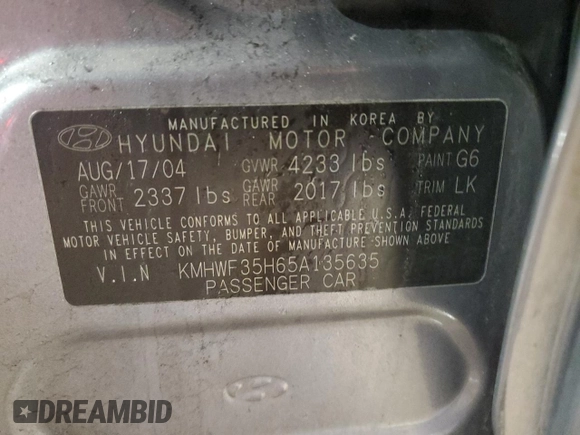 2005 Hyundai Sonata GLS with VIN KMHWF35H65A135635, listed as a Copart auction lot 49648545 with 70,214 mi miles and Salvage Title. Bid and sale history available at carsss.com. Image 12.