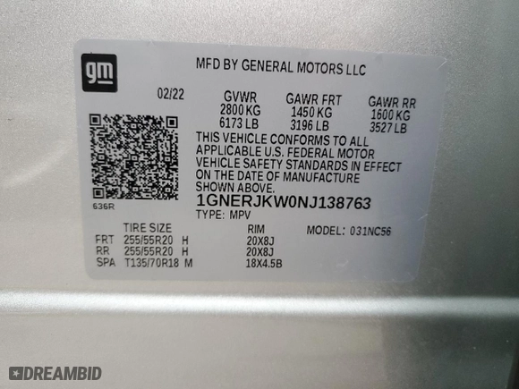 2022 Chevrolet Traverse RS with VIN 1GNERJKW0NJ138763, listed as a Copart auction lot 87324044 with 55,558 mi miles and Salvage Title. Bid and sale history available at carsss.com. Image 14.