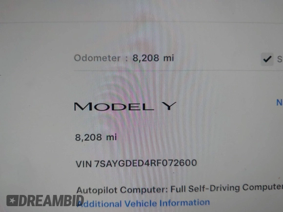 2024 Tesla Model Y с VIN 7SAYGDED4RF072600, выставлен на аукционе IAAI как лот 42242977 с пробегом 8 208 миль миль и . История ставок и продаж доступна на DreamBid. Изображение 15.
