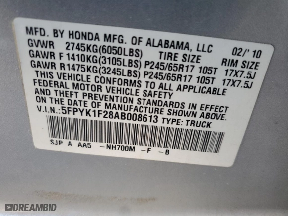 2010 Honda Ridgeline RT with VIN 5FPYK1F28AB008613, listed as a Copart auction lot 43267065 with 145,405 mi miles and Salvage Title. Bid and sale history available at carsss.com. Image 12.