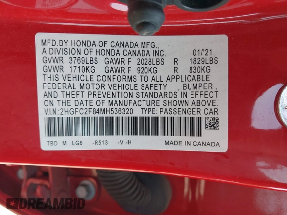 2021 Honda Civic Sport with VIN 2HGFC2F84MH536320, listed as a IAAI auction lot 42145631 with 50,664 mi miles and . Bid and sale history available at DreamBid. Image 9.