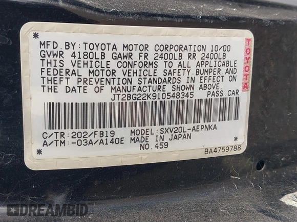 2001 Toyota Camry CE with VIN JT2BG22K910548345, listed as a IAAI auction lot 41723835 with 170,228 mi miles and . Bid and sale history available at DreamBid. Image 9.