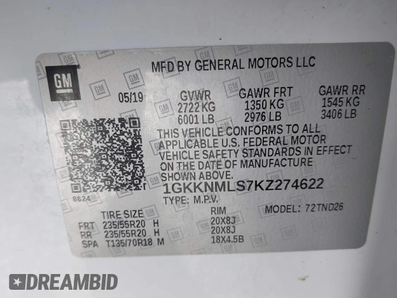 2019 GMC Acadia SLT z VIN 1GKKNMLS7KZ274622, wystawiony jako IAAI lot #41892582 z przebiegiem 72 345 mil mil oraz . Historia ofert i sprzedaży dostępna na DreamBid. Obrazek 9.