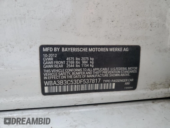 2013 BMW 3 Series 328i xDrive with VIN WBA3B3C53DF537817, listed as a Copart auction lot 60512215 with Not provided miles and Salvage title. Bid and sale history available at DreamBid. Image 12.