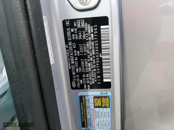 2019 Kia Sorento L with VIN 5XYPG4A3XKG577965, listed as a Copart auction lot 50814915 with 52,160 mi miles and Salvage Title. Bid and sale history available at carsss.com. Image 14.
