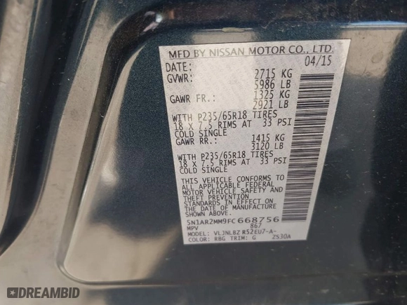 2015 Nissan Pathfinder Platinum with VIN 5N1AR2MM9FC668756, listed as a IAAI auction lot 41346842 with 105,875 mi miles. Bid and sale history available at carsss.com. Image 9.