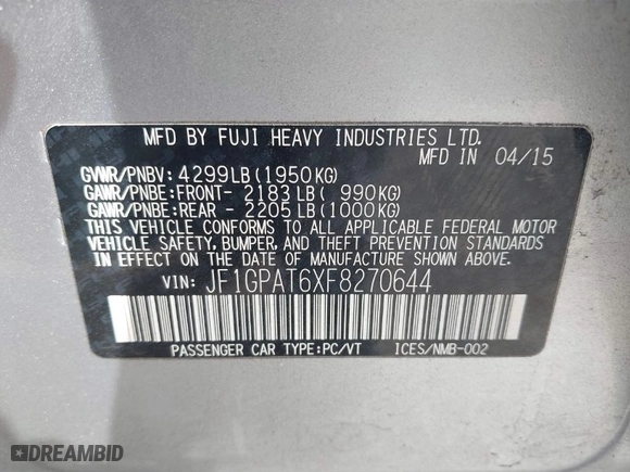 2015 Subaru Impreza Wagon 2.0i Sport Premium with VIN JF1GPAT6XF8270644, listed as a IAAI auction lot 41571672 with 69,734 mi miles. Bid and sale history available at carsss.com. Image 9.