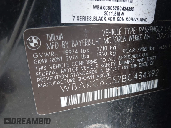 2011 BMW 7 Series 750Li xDrive with VIN WBAKC8C52BC434392, listed as a IAAI auction lot 41501172 with 99,389 mi miles. Bid and sale history available at carsss.com. Image 9.