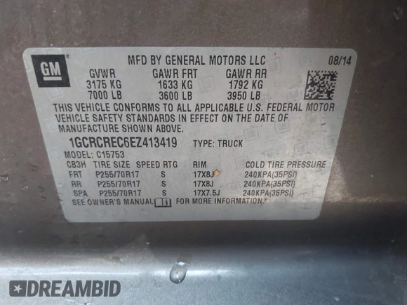 2014 Chevrolet Silverado 1500 LT with VIN 1GCRCREC6EZ413419, listed as a IAAI auction lot 41983067 with 168,011 mi miles and . Bid and sale history available at DreamBid. Image 9.