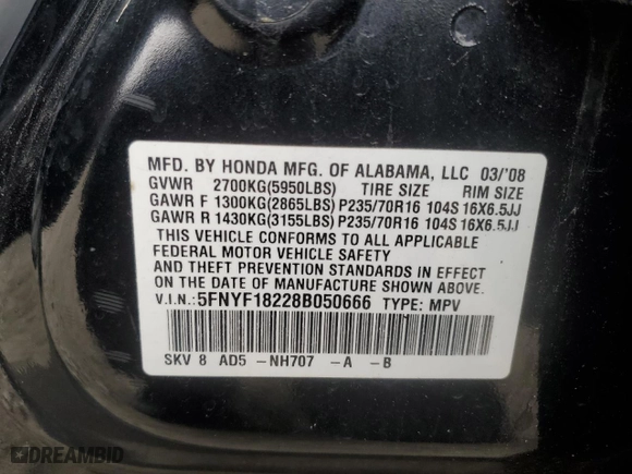 2008 Honda Pilot VP with VIN 5FNYF18228B050666, listed as a Copart auction lot 47867955 with 0 mi miles and Clean Title. Bid and sale history available at carsss.com. Image 13.